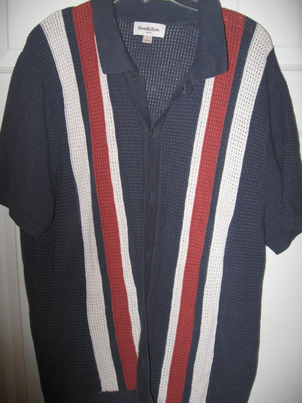 Goodfellow & Co Button Front Knit Shirt Red Whit & Blue Size Large 100% Cotton